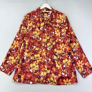 D&Co. Blouse Womens L Orange Floral Satin Career V-Neck Button Front‎